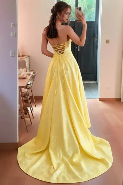 Elegant Ball Gown Sweetheart-Neck Cutout-Bodice Crisscross-Lace-Up-Back High-Slit Train Maxi Evening Dress