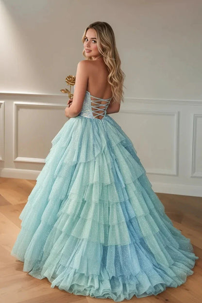 Elegant Ball Gown Sweetheart-Neck Sequin-Bodice Crisscross-Lace-Up-Back Tiered-Tulle Train Maxi Evening Dress