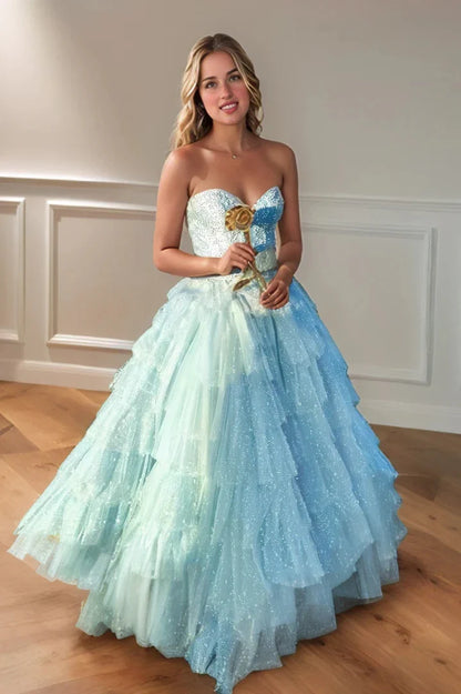 Elegant Ball Gown Sweetheart-Neck Sequin-Bodice Crisscross-Lace-Up-Back Tiered-Tulle Train Maxi Evening Dress
