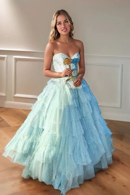 Elegant Ball Gown Sweetheart-Neck Sequin-Bodice Crisscross-Lace-Up-Back Tiered-Tulle Train Maxi Evening Dress