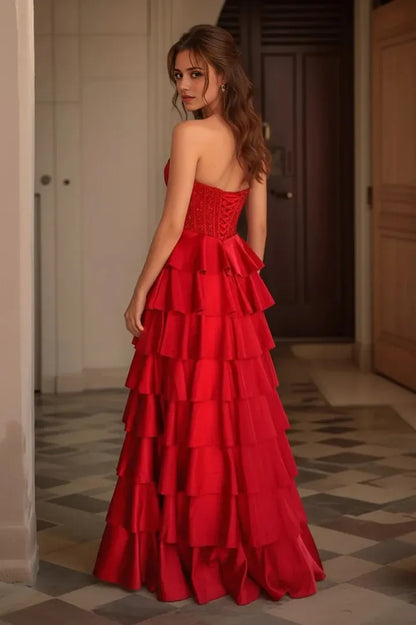 Elegant Ball Gown Sweetheart-Neck Sequin-Corset Tiered-Ruffle High-Slit Crisscross-Lace-Up-Back Maxi Evening Dress