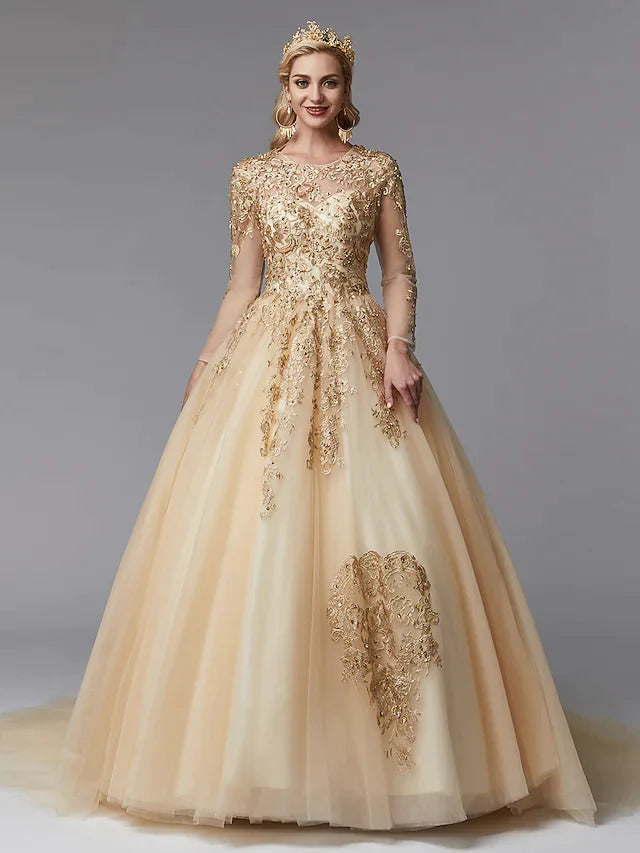 Elegant ball gown wedding dress with jewel neck and long lace sleeves.