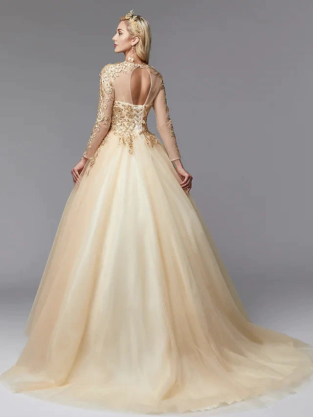 Side view of a bridal ball gown, showcasing lace tulle long sleeves.