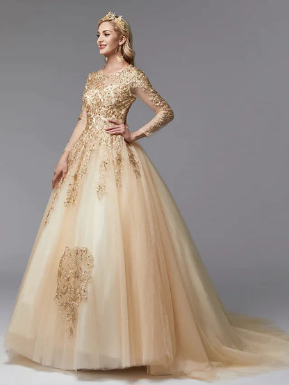 Close-up of the jewel neck bodice with intricate beading appliques.