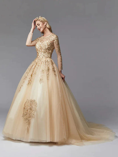 Full length view of a modern ball gown wedding dress.