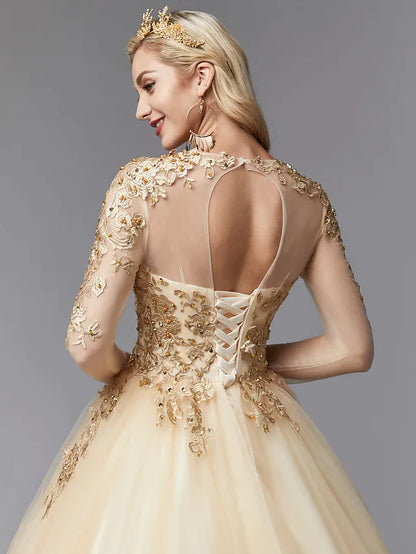 Detail of the lace and tulle fabric on a long sleeve wedding dress.