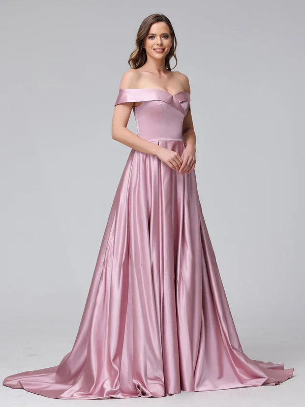 Elegant Ballgown Off-Shoulder Lace-Up-Back Blush Satin Train-Floor-Length Prom Dresses