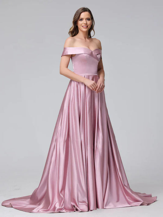 Elegant Ballgown Off-Shoulder Lace-Up-Back Blush Satin Train-Floor-Length Prom Dresses