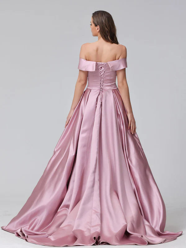 Elegant Ballgown Off-Shoulder Lace-Up-Back Blush Satin Train-Floor-Length Prom Dresses