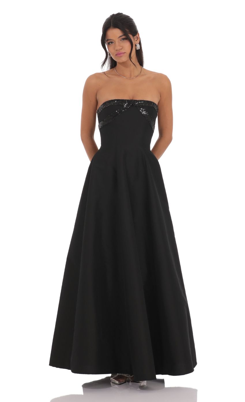 Elegant Ballgown Strapless Sequin-Accented Lace-Up Open-Back Black Floor-Length Prom Dresses