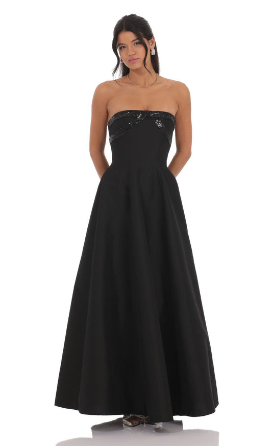 Elegant Ballgown Strapless Sequin-Accented Lace-Up Open-Back Black Floor-Length Prom Dresses