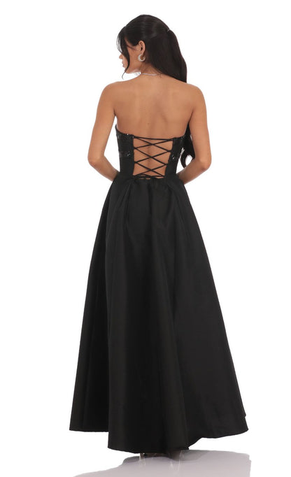 Elegant Ballgown Strapless Sequin-Accented Lace-Up Open-Back Black Floor-Length Prom Dresses