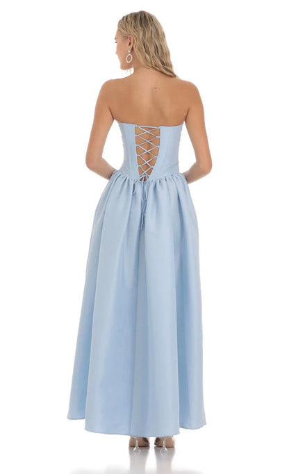 Elegant Ballgown Strapless Sky-Blue Corset-Bodice Lace-Up Back High-Low Prom Dresses
