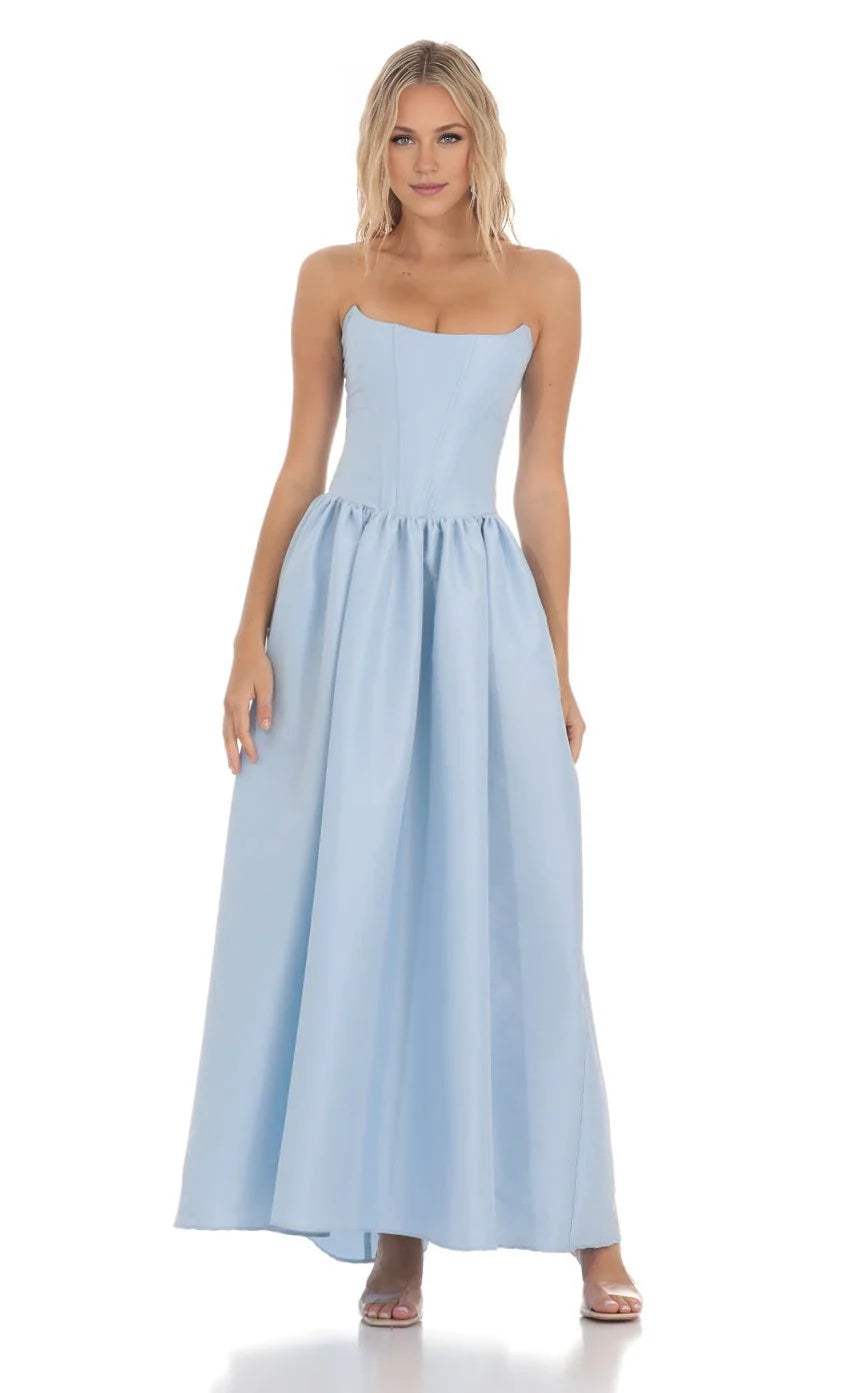 Elegant Ballgown Strapless Sky-Blue Corset-Bodice Lace-Up Back High-Low Prom Dresses