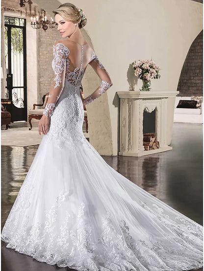 Elegant Bateau Neck Long Sleeve Lace Wedding Dress with Court Train.
