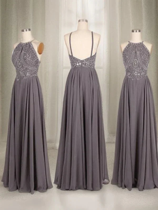 Elegant Beaded Halter Neck Flowy Open Back Floor-Length Evening Prom Dress