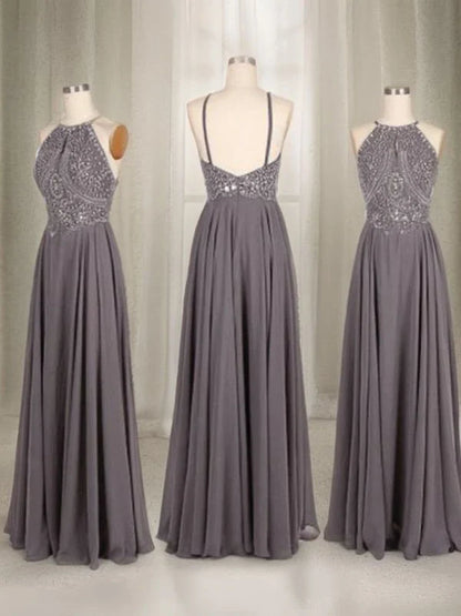 Elegant Beaded Halter Neck Flowy Open Back Floor-Length Evening Prom Dress