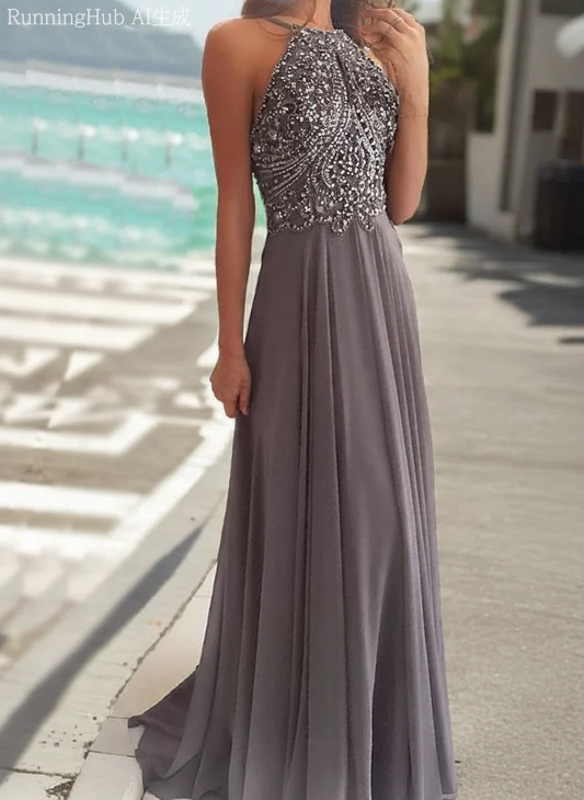 Elegant Beaded Halter Neck Flowy Open Back Floor-Length Evening Prom Dress