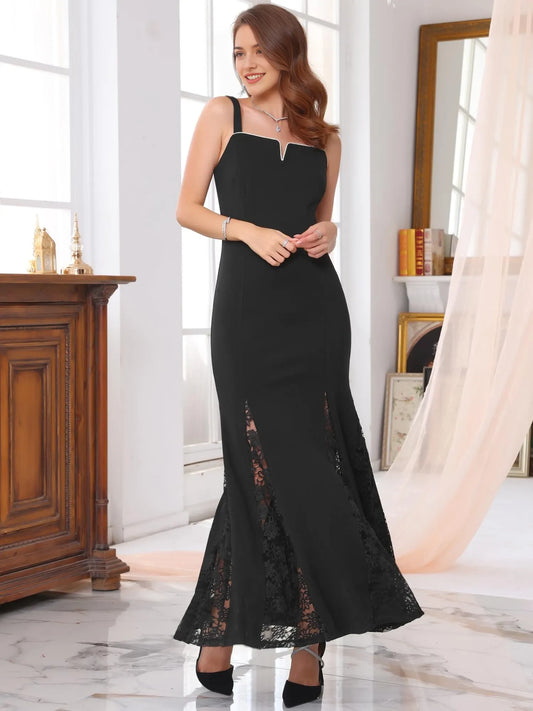 Elegant Spaghetti Strap Sweetheart Neck Lace-Trimmed Mermaid Floor-Length Evening Dress