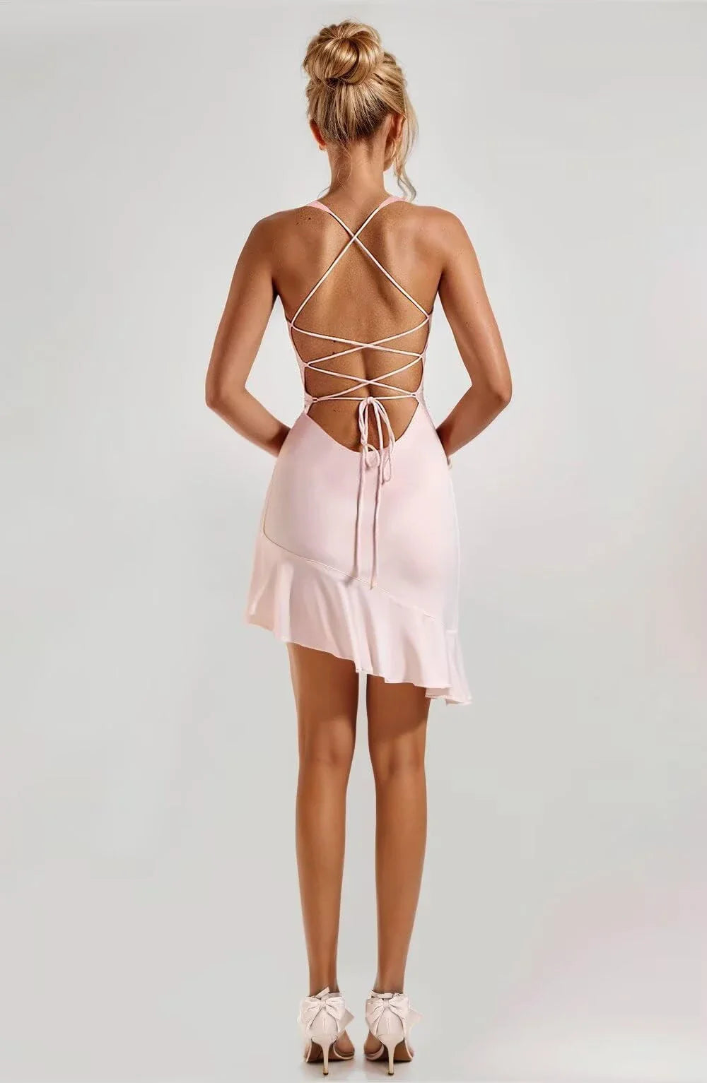 Elegant Bodycon Deep V-Neck Spaghetti Strap Sleeveless Crisscross Lace-Up Back Asymmetric Mini Homecoming Dress