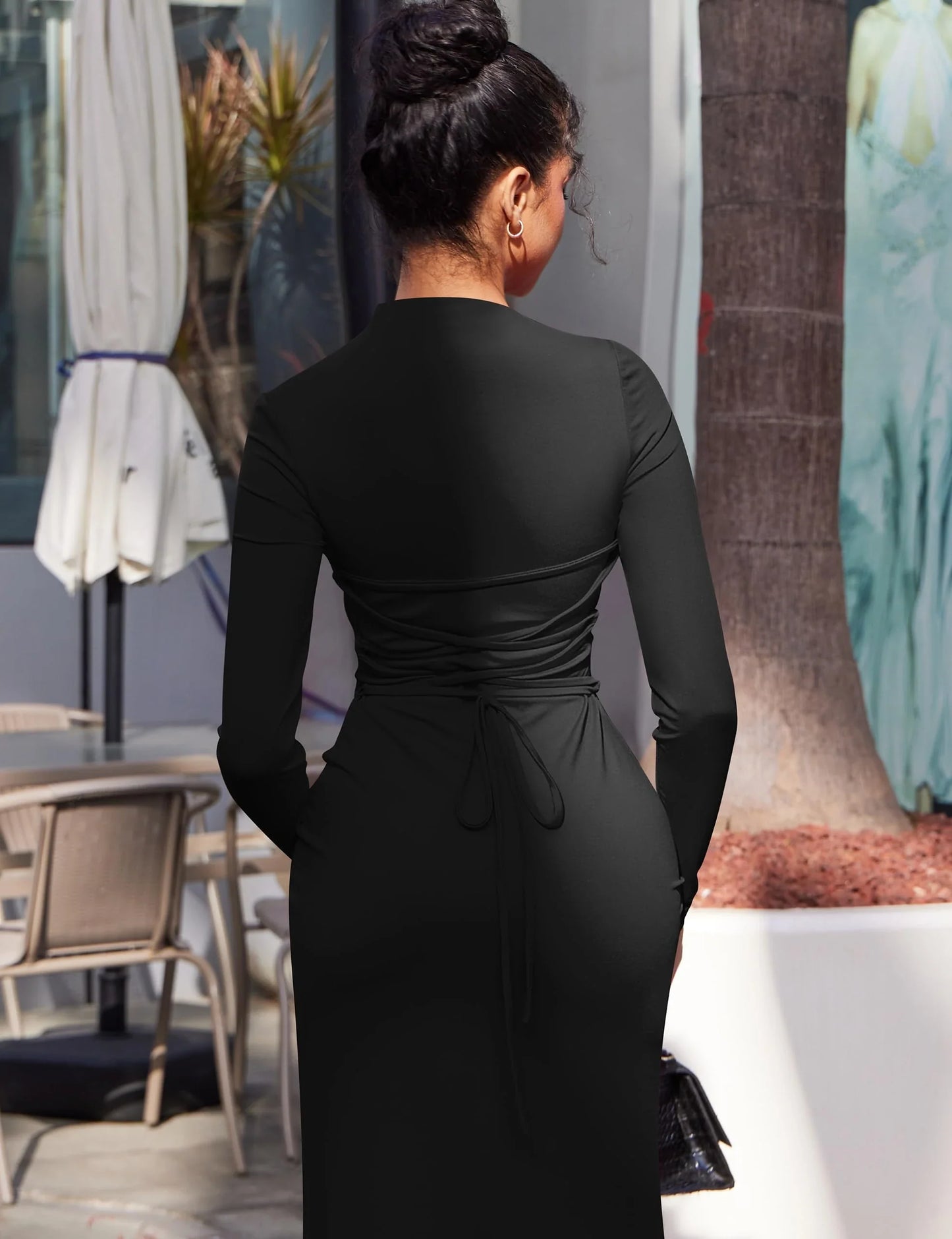 Elegant Bodycon High Neck Long Sleeve Ruched Side Tie-Back Maxi Evening Dress