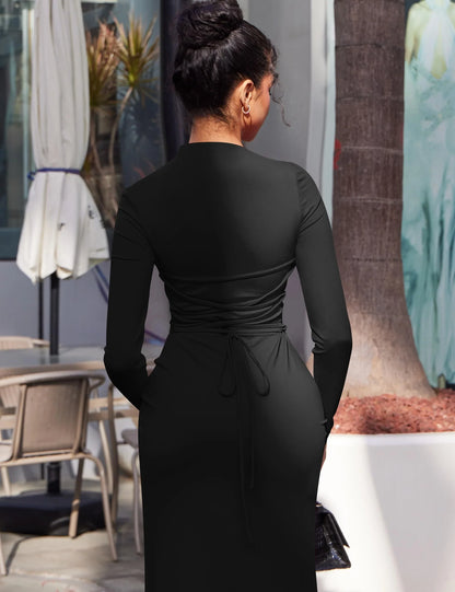 Elegant Bodycon High Neck Long Sleeve Ruched Side Tie-Back Maxi Evening Dress