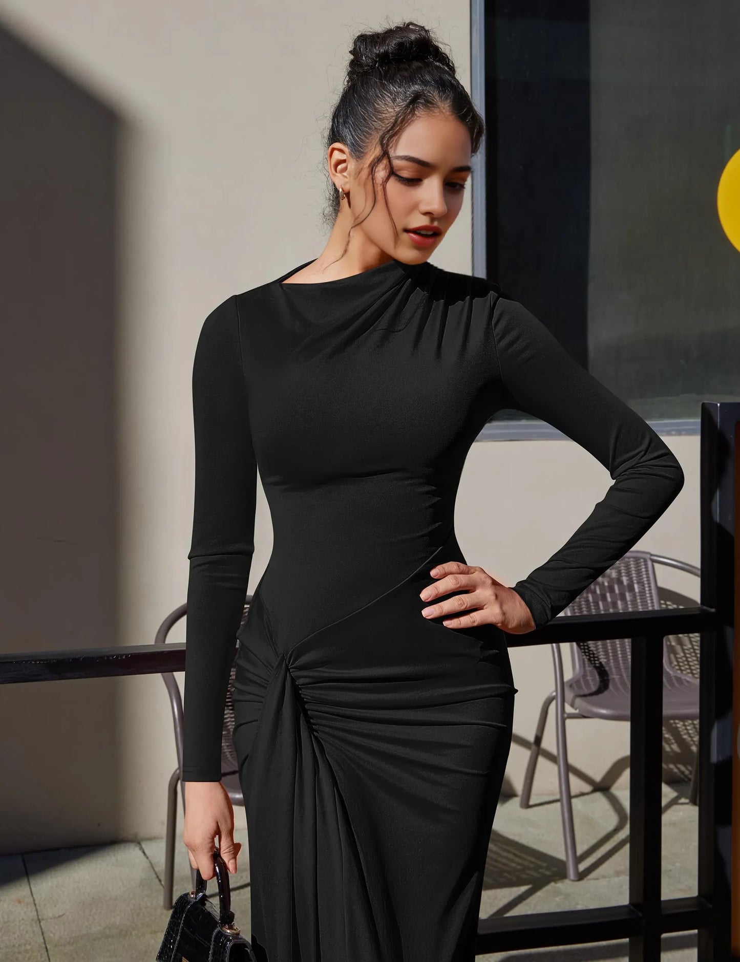 Elegant Bodycon High Neck Long Sleeve Ruched Side Tie-Back Maxi Evening Dress