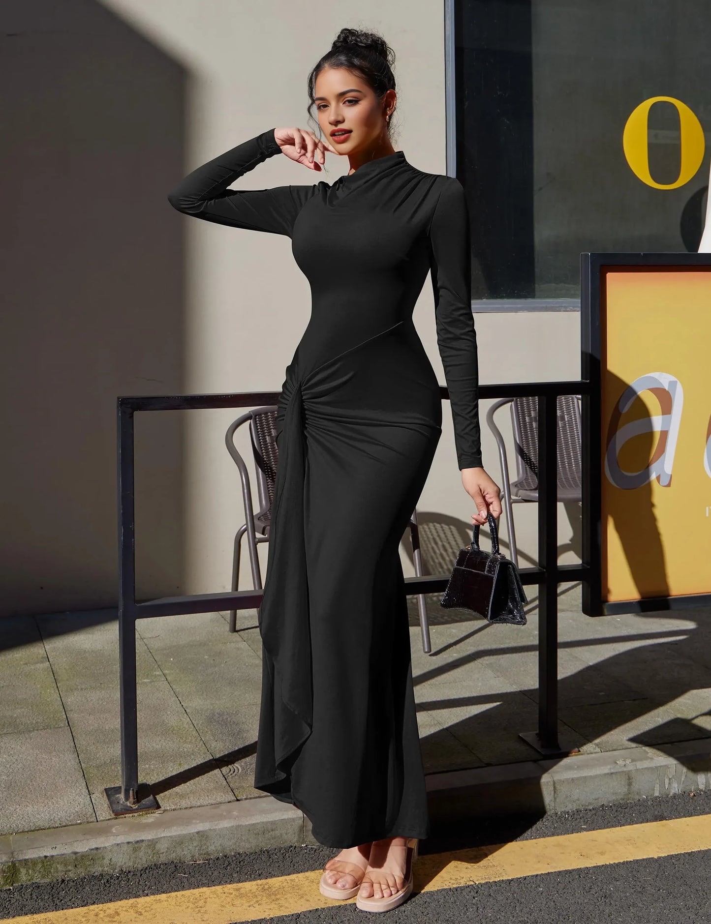 Elegant Bodycon High Neck Long Sleeve Ruched Side Tie-Back Maxi Evening Dress