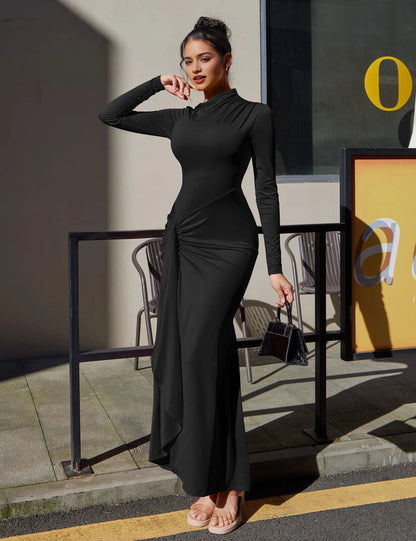 Elegant Bodycon High Neck Long Sleeve Ruched Side Tie-Back Maxi Evening Dress