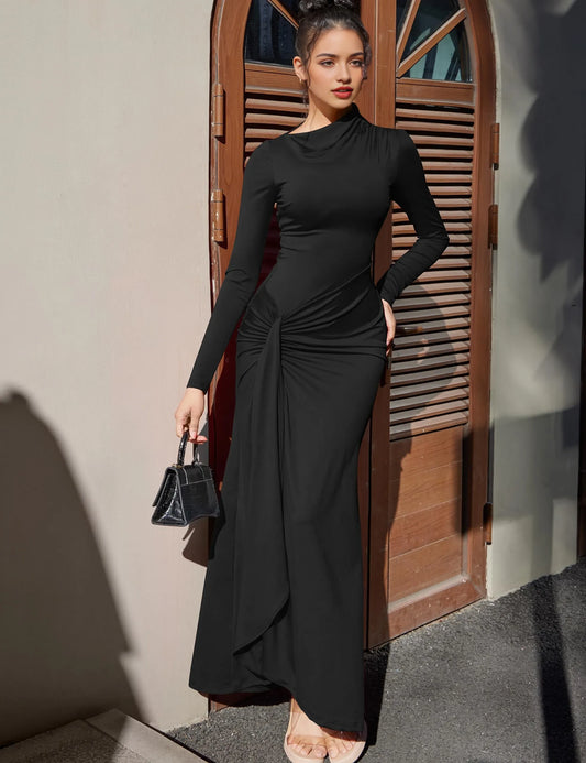 Elegant Bodycon High Neck Long Sleeve Ruched Side Tie-Back Maxi Evening Dress