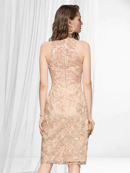 Woman wearing an elegant black bodycon lace dress with jewel neck, side view.
