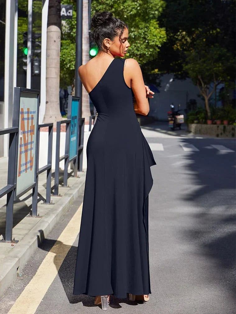 Elegant Bodycon One-Shoulder Sleeveless Zip Back High-Slit Maxi Evening Dress