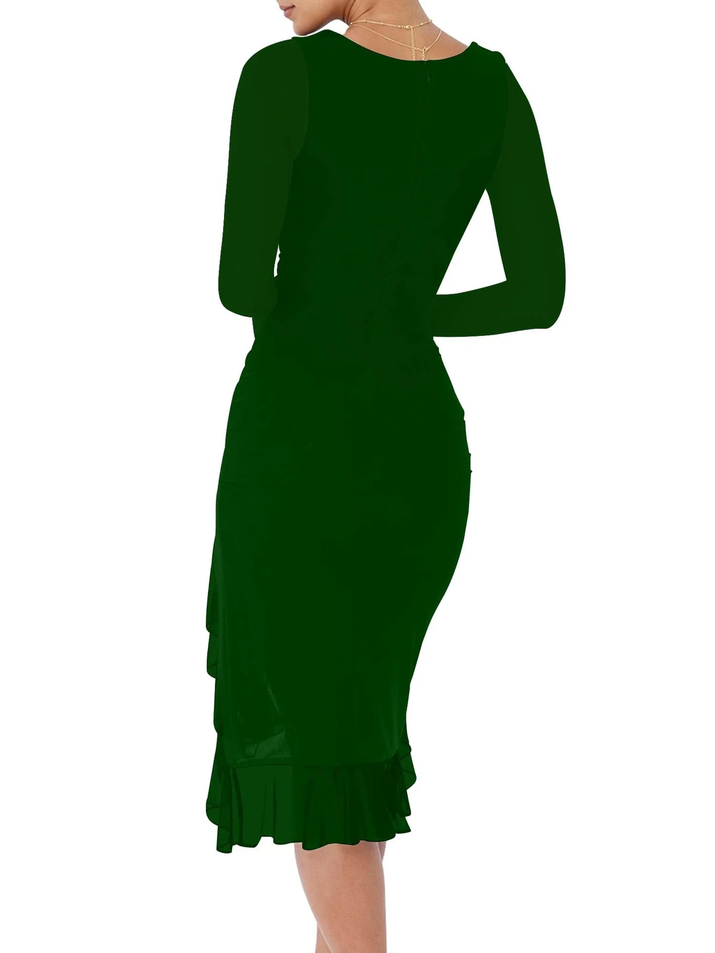 Elegant Bodycon Square Neck Long Sleeve Zip-Back Ruffle Slit Midi Party Dress