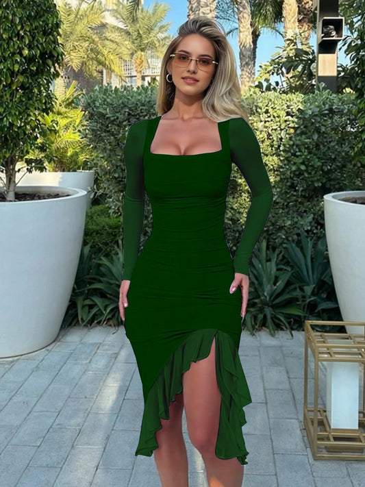 Elegant Bodycon Square Neck Long Sleeve Zip-Back Ruffle Slit Midi Party Dress