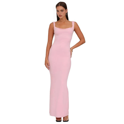 Elegant Bodycon Square Neck Sleeveless Bow Backless Floor Length Evening Dress
