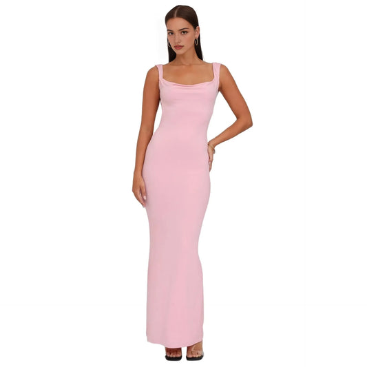 Elegant Bodycon Square Neck Sleeveless Bow Backless Floor Length Evening Dress