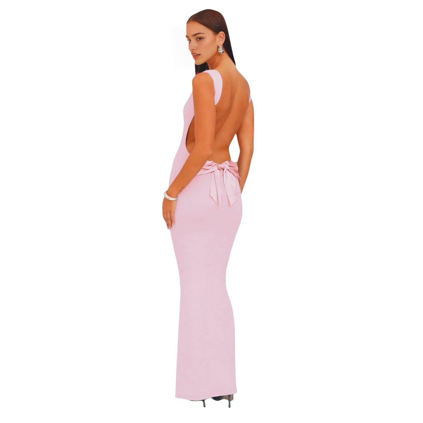 Elegant Bodycon Square Neck Sleeveless Bow Backless Floor Length Evening Dress