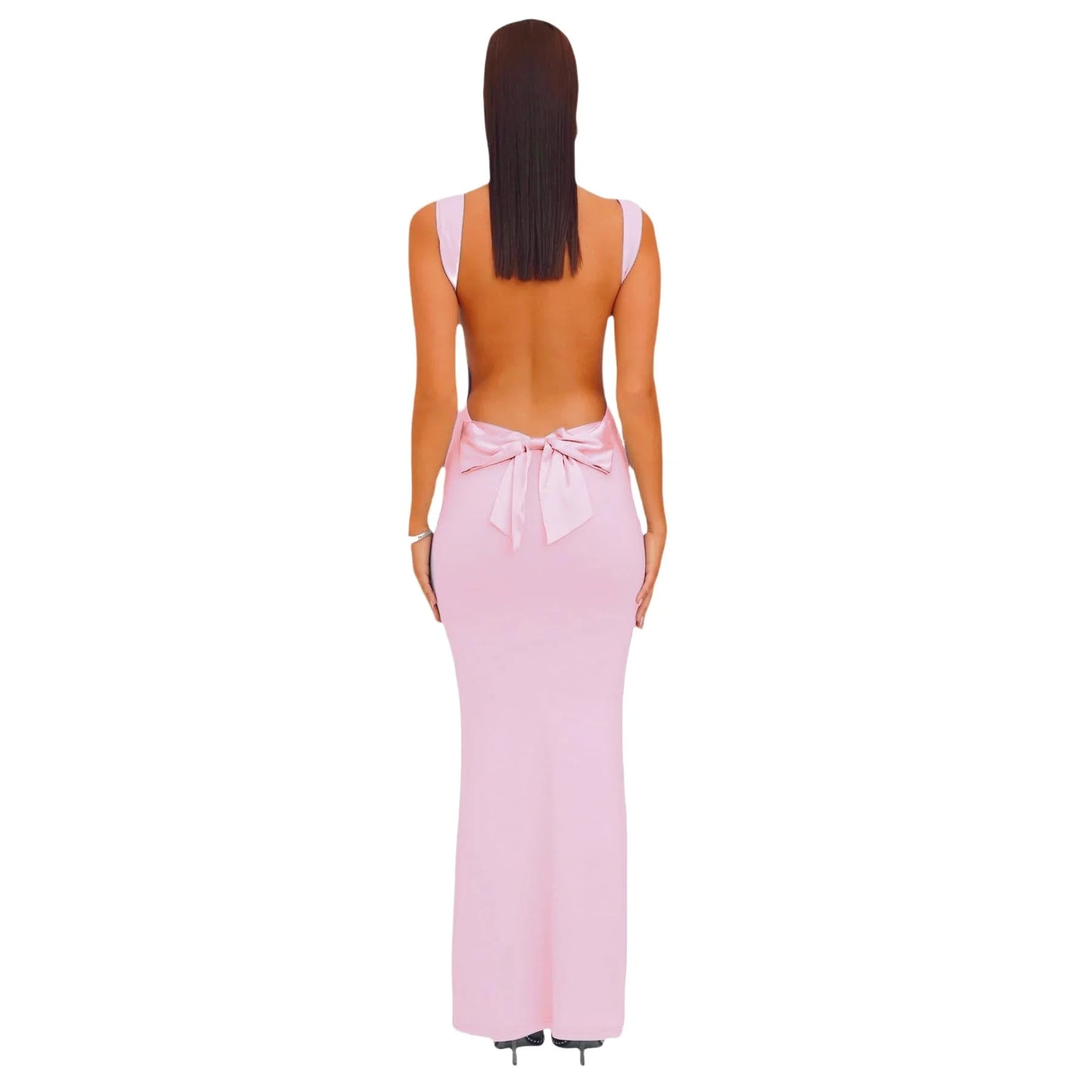 Elegant Bodycon Square Neck Sleeveless Bow Backless Floor Length Evening Dress