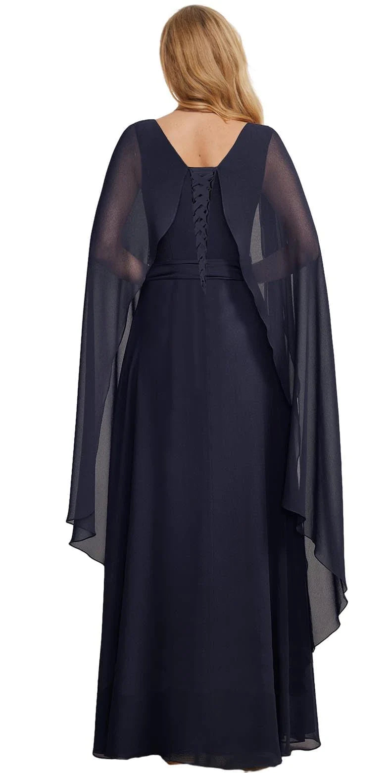 Elegant Cape Sleeve Lace-Up Back Maxi Evening Dress