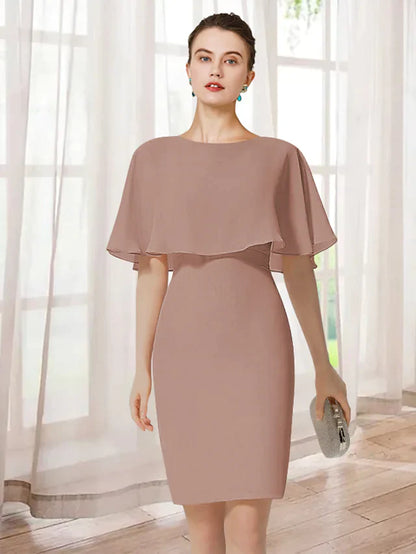 Model wearing an elegant jewel neck short sleeve ruffled chiffon mini dress.