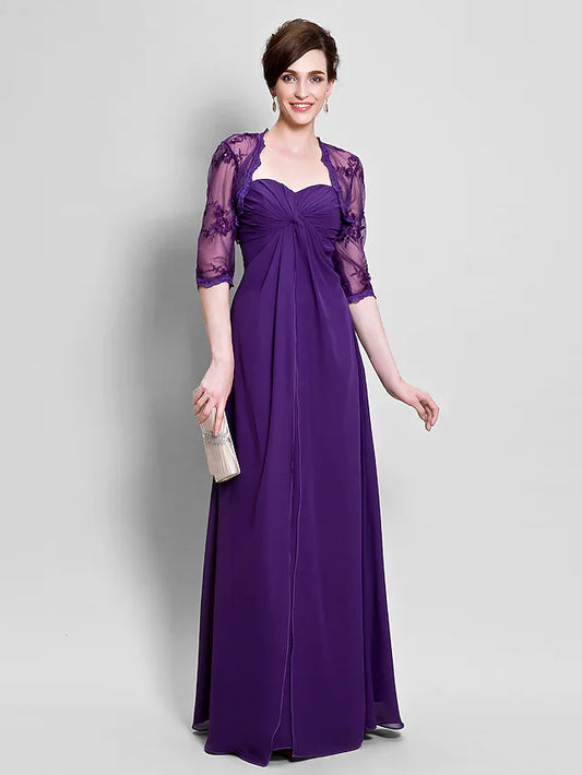 Elegant Mother of the Bride chiffon gown with sweetheart neckline and beading.