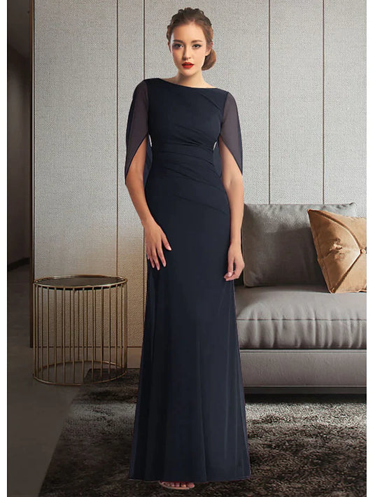 Woman wearing an elegant jewel neck, half-sleeve, ankle-length chiffon Mother of the Bride dress with pleats and ruching.