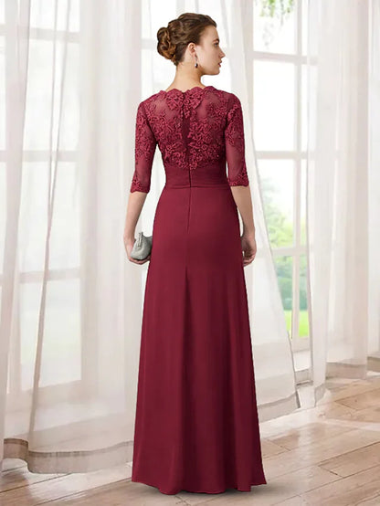 Close-up of lace appliques and ruching on the bodice of an elegant Mother of the Bride dress.