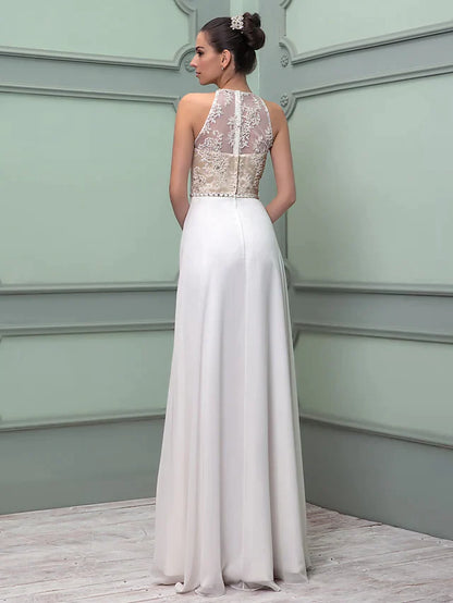 Side view of the elegant white chiffon lace wedding dress, highlighting the flowing skirt and split hem.