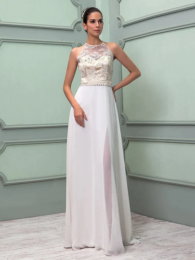Close-up of the jewel neck and beaded sash details on the white chiffon lace wedding dress.