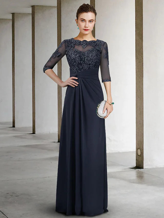 Elegant Mother of the Bride dress with jewel neck, half sleeves, and lace appliques.