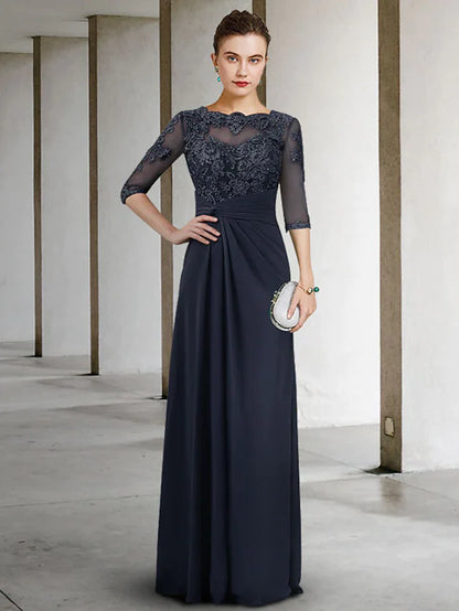 Elegant Mother of the Bride dress with jewel neck, half sleeves, and lace appliques.