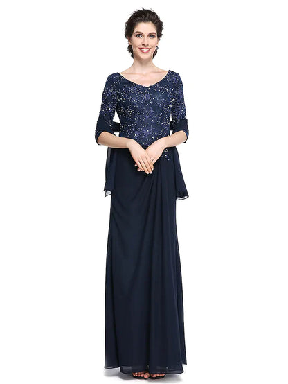 Elegant V-neck chiffon lace mother of the bride dress with half sleeves.