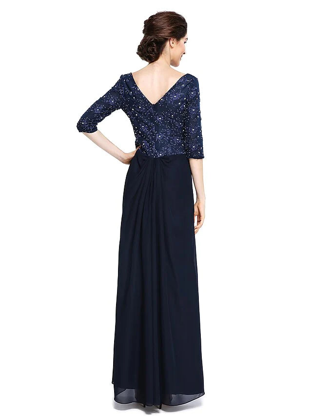 Side view of the ankle-length mother of the bride dress.