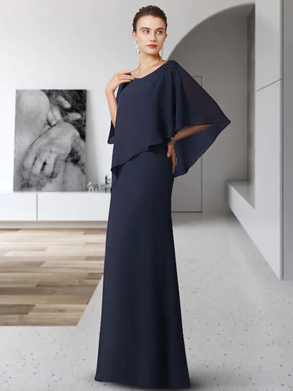Model wearing an elegant V-neck, half-sleeve, floor-length chiffon mother of the bride dress with ruffles.